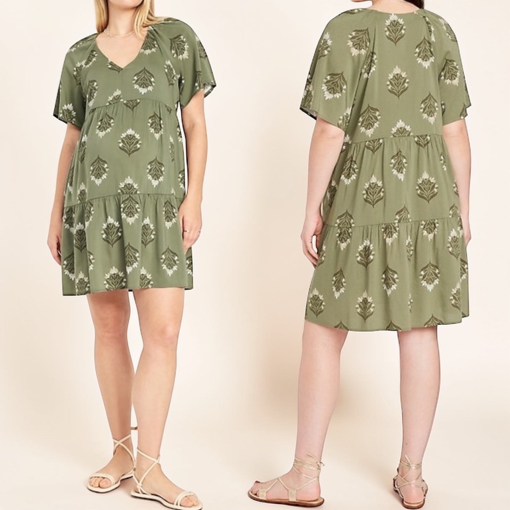 Old Navy V-Neck Mini‎ Swing Dress Women's XL Green Floral Block Print Pockets